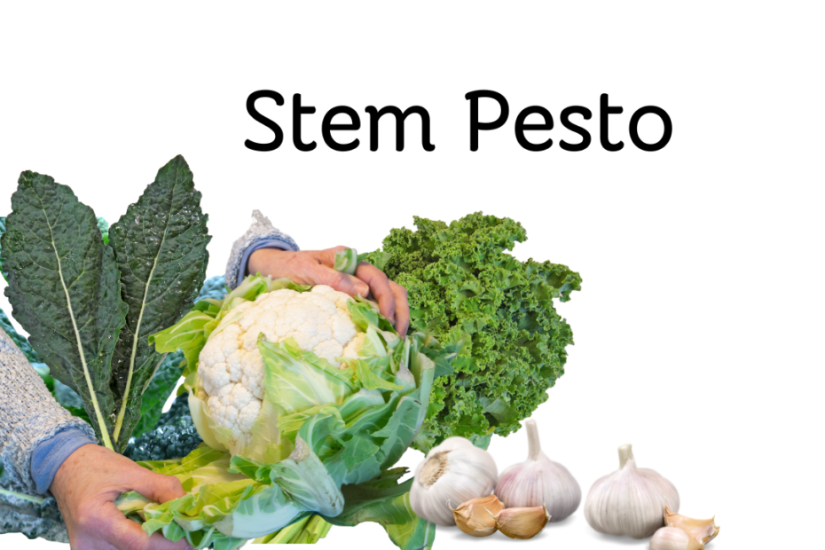 Stem Pesto. image of cauliflower, kale, and garlic bulbs. Heather O'Shea Hustle less, Homestead more.