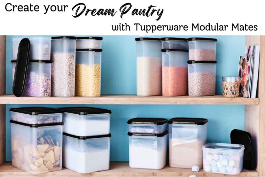 Text: Create Your Dream Pantry with Tupperware Modular Mates. Image of two shelves with Tupperware Modular Mates (different sizes) filled with dry pantry goods. Logo Heather O'Shea Hustle less, Homestead more