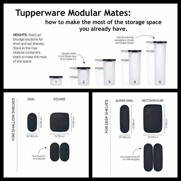 Tupperware Modular Mates heights (1, 2, 3, 4, 5) and shapes (oval, square, super oval, and rectangular).
Create your dream pantry with Tupperware Modular Mates