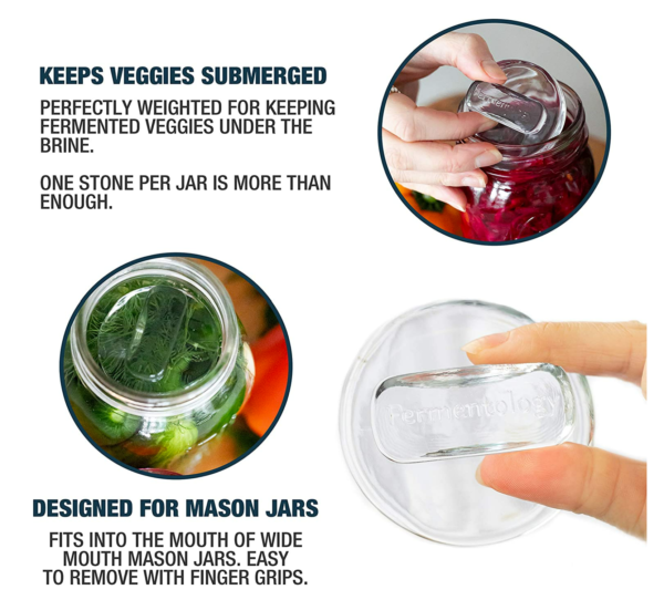 glass disc-shaped weights holding vegetables down inside mason jars. "keeps veggies submerged" "designed for mason jars"