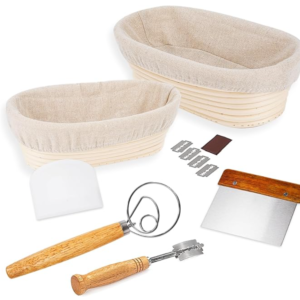 Banneton Bread Proofing Basket Set - 2 Oval Baskets with Sourdough Bread Baking Supplies - Complete Kit Including 2x Proofing Banneton Basket, Bread Scoring Tool, Danish Whisk, Bowl & Dough Scraper