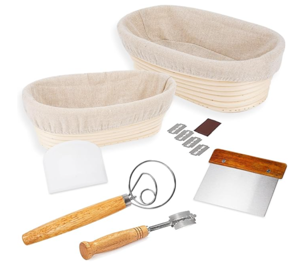 Banneton Bread Proofing Basket Set - 2 Oval Baskets with Sourdough Bread Baking Supplies - Complete Kit Including 2x Proofing Banneton Basket, Bread Scoring Tool, Danish Whisk, Bowl & Dough Scraper