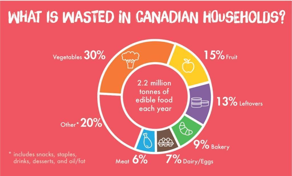 What is wasted in Canadian Households? 
Pie chart:
Vegetables 30%
Fruit 15%
Leftoveres 13%
Bakery 9%
Dairy & eggs 7%
Meat 6%
Other 20%
*other includes snacks, staples, drinks, desserts, and oil/fat
