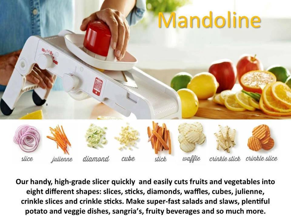 Tupperware Mandoline and cut options: slice, julienne, diamond, cube, stick, waffle, srinkle stick, crinkle slice.
