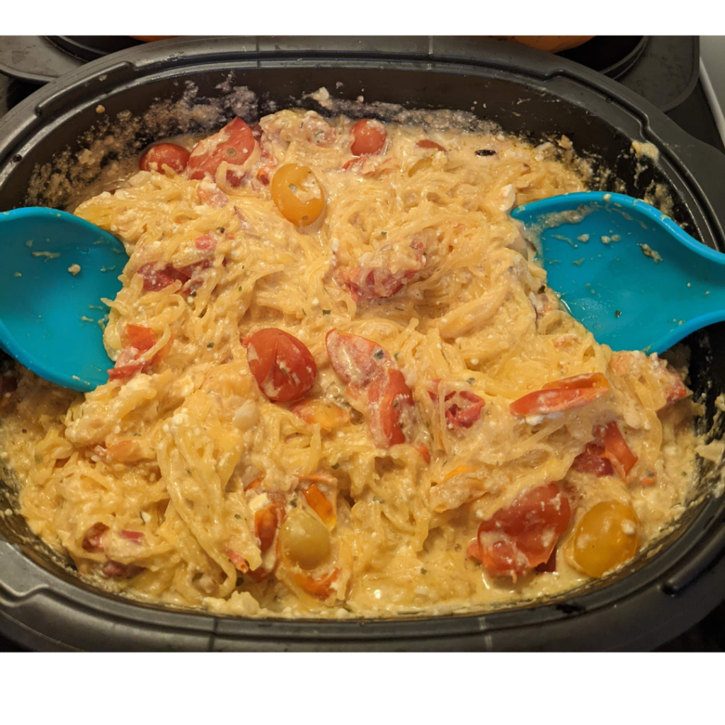 Tik Tok pasta made with spaghetti squash and boursin in a Tupperware UltraPro casserole dish
