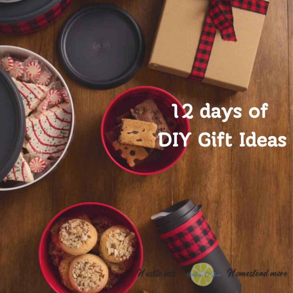 Canisters filled with cookies and treats, a coffee to go cup, and a brown paper box with a ribbon, all in buffalo plaid, red and black, on a wood floor. text: 12 days of DIY gift ideas logo Heather O'Shea Hustle less, Homestead more