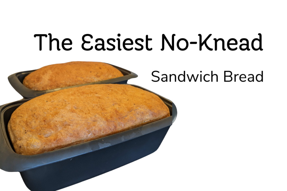 The Easiest No-Knead Sandwich Bread. image of two loaves of white sandwich bread in Tupperware UltraPro loaf pans. Heather O'Shea Hustle less, Homestead more