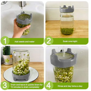 mason jar sprouting lids. instructions for sprouting 1. rinse 2. soak 3. drain 4. rinse 2 times per day