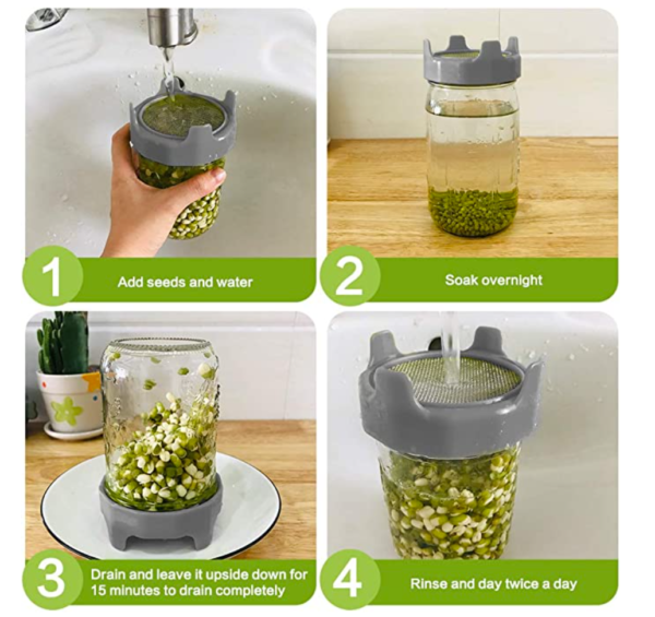 mason jar sprouting lids. instructions for sprouting 1. rinse 2. soak 3. drain 4. rinse 2 times per day