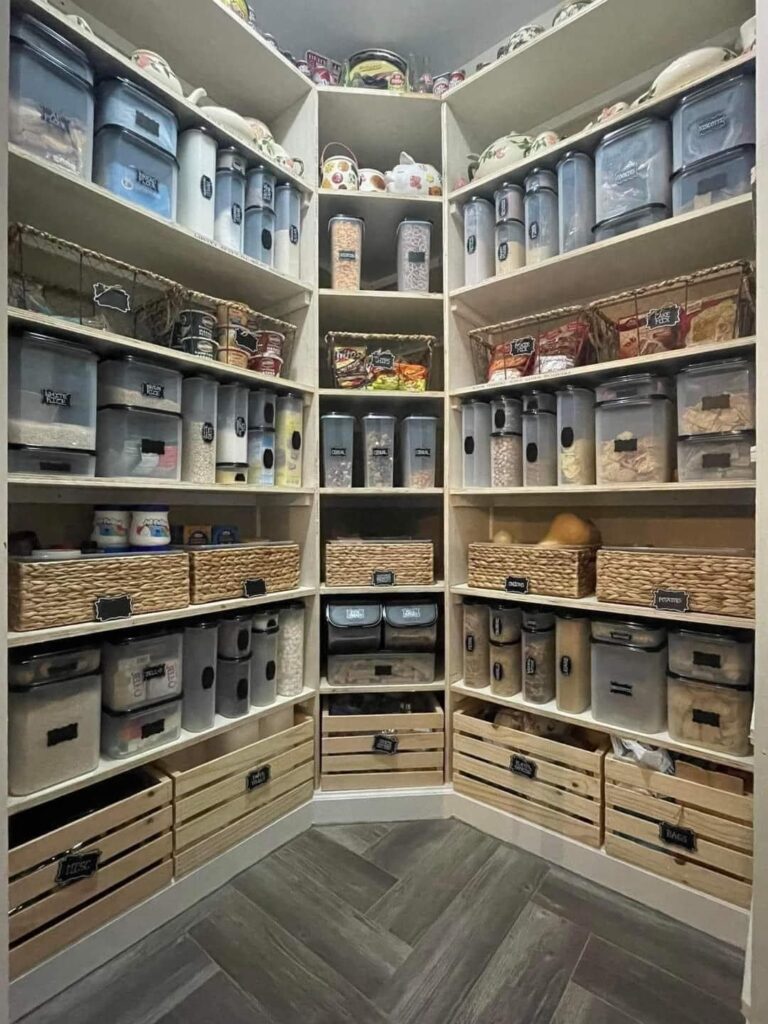 Beautiful walk-in pantry with floor to ceiling shelves, wire baskets, wicker baskets, wooden crates, and Modular Mates.

Create your dream pantry with Tupperware Modular Mates