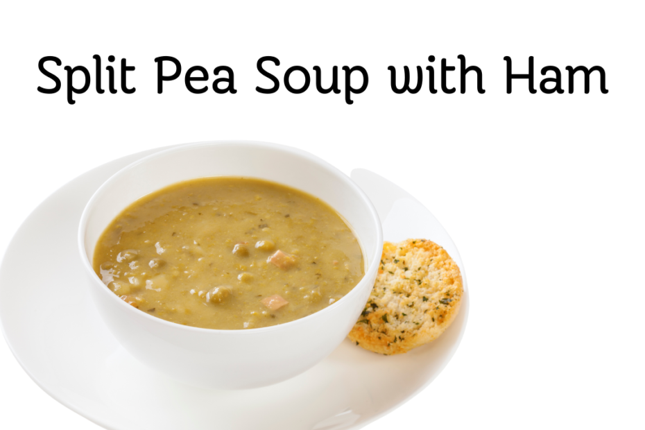 Split pea soup with ham. Image of a bowl of yellow split pea soup on a plate with a little slice of bread on the side of the plate.