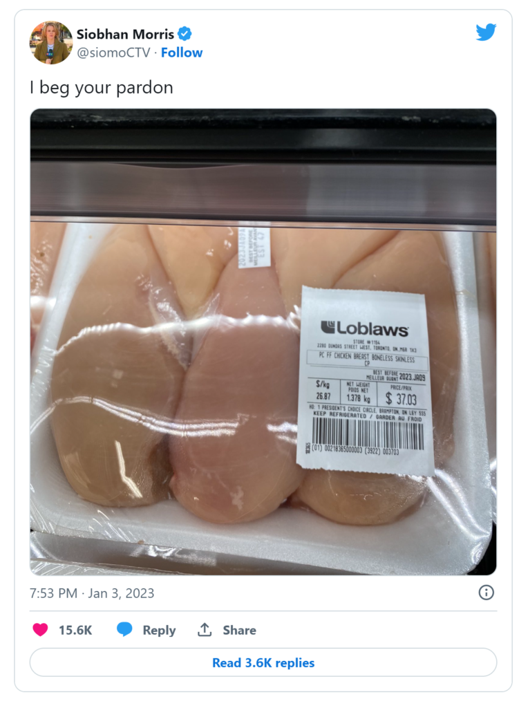 Loblaws tray of five boneless, skinless chicken breasts with a price sticker that says $37.03. Save on groceries by shopping the flyers so you never pay almost $40 for a tray of five chicken breasts. 