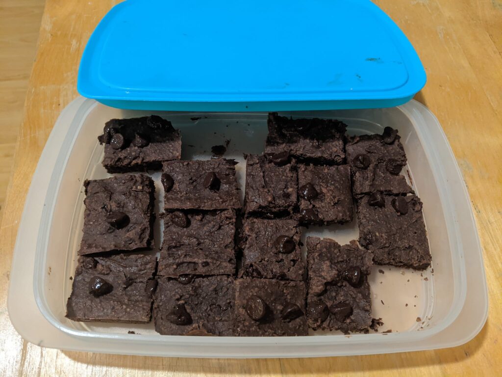 Black bean brownies in a Tupperware Fridge Stackable Family set container.
