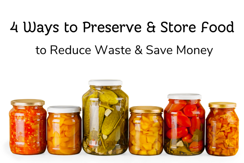 text: 4 ways to preserve and store food to reduce waste and save money. image: a row of glass jars with different foods in liquid inside. logo: Heather O'Shea Hustle less, Homestead more