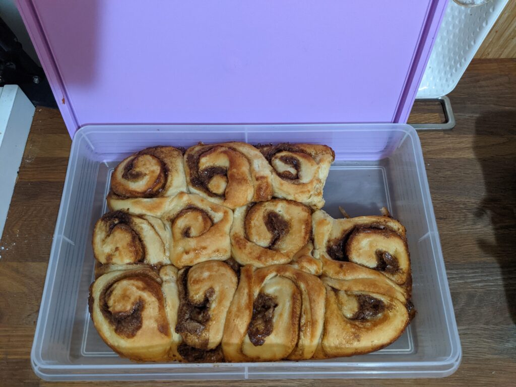 Sourdough cinnamon rolls in a large Tupperware Snack Stor container