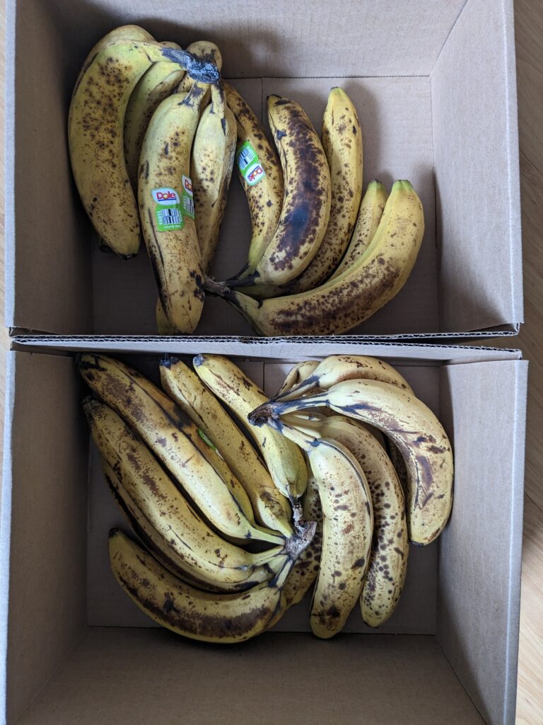 Two boxes full of bananas (10-15 bananas each box) for $2 per box. Save on groceries by using the Flashfood app