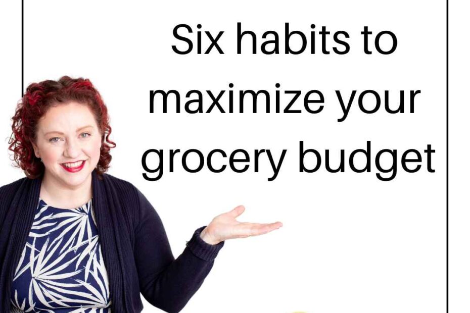 Image of Heather O'Shea gesturing towards the text: Six habits to maximize your grocery budget. Logo Heather O'Shea Hustle less, Homestead more
