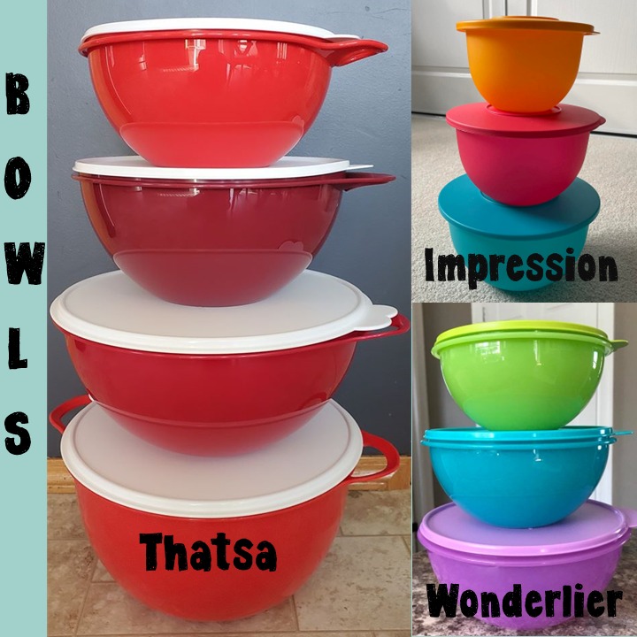 Tupperware bowls in stacks
Thatsa bowls in shades of red with white seals
Impressions bowls in turquoise, red, and orange
Wonderlier bowls in purple, teal, and green