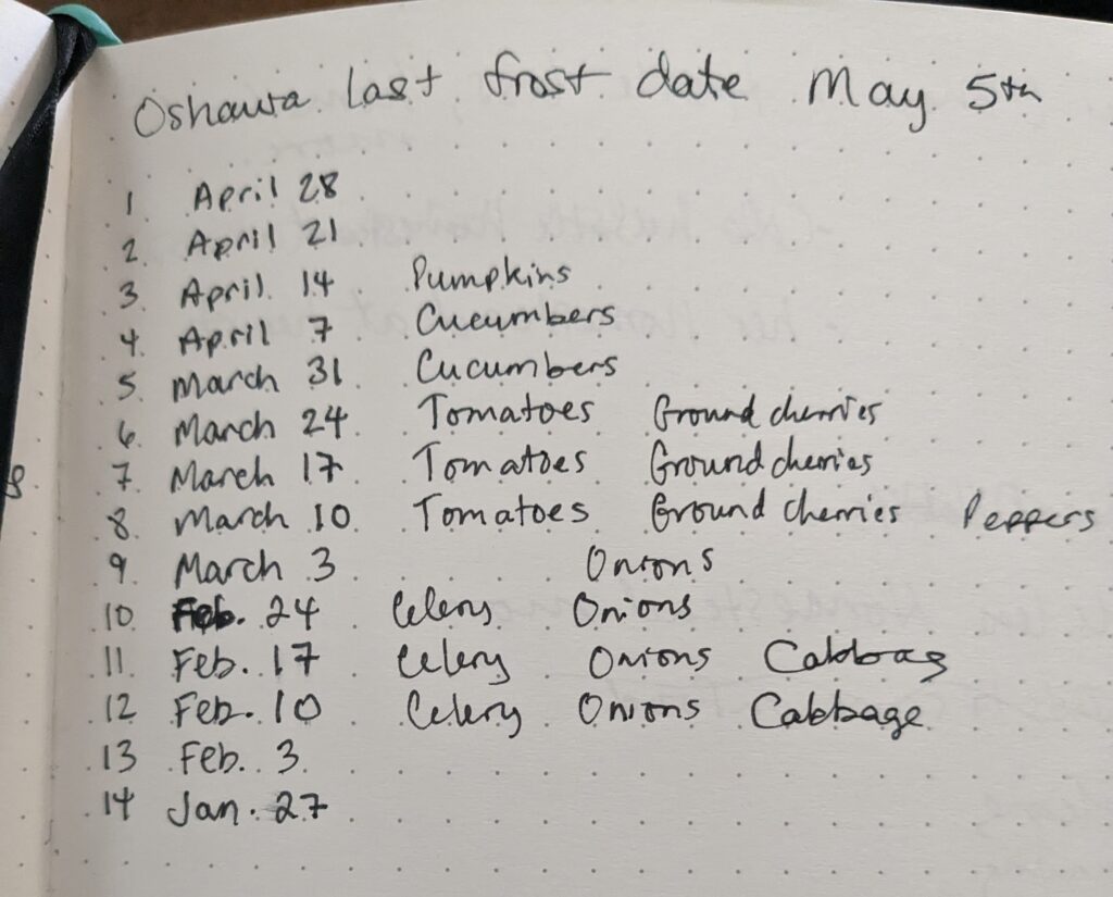 Page from a dot matrix bullet journal.
Text: Oshawa last frost date May 5th
1. April 28
2. April 21
3. April 14  pumpkins
4. April 7 Cucumbers
5. March 31 Cucumbers
6. March 24 Tomatoes Ground Cherries
7. March 17  Tomatoes Ground Cherries
8 March 10 Tomatoes Ground Cherries Peppers
9. March 3 Onions
10. Feb. 24 Celery Onions
11 Feb 17 Celery Onions Cabbage
12. Feb 10 Celery Onions Cabbage
13. Feb 3
14. Jan 27