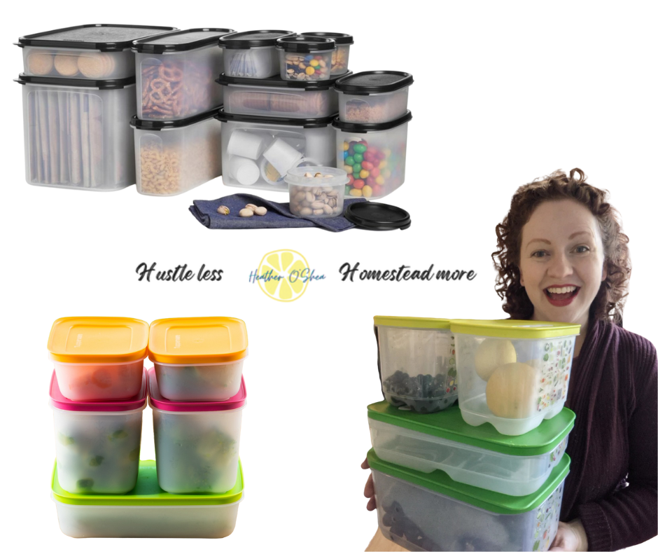 Images of Tupperware Modular Mates filled with various dry goods and candies, Freezer Mates filled with vegetables, and Heather O'Shea holding several FridgeSmart containers filled with fruit.