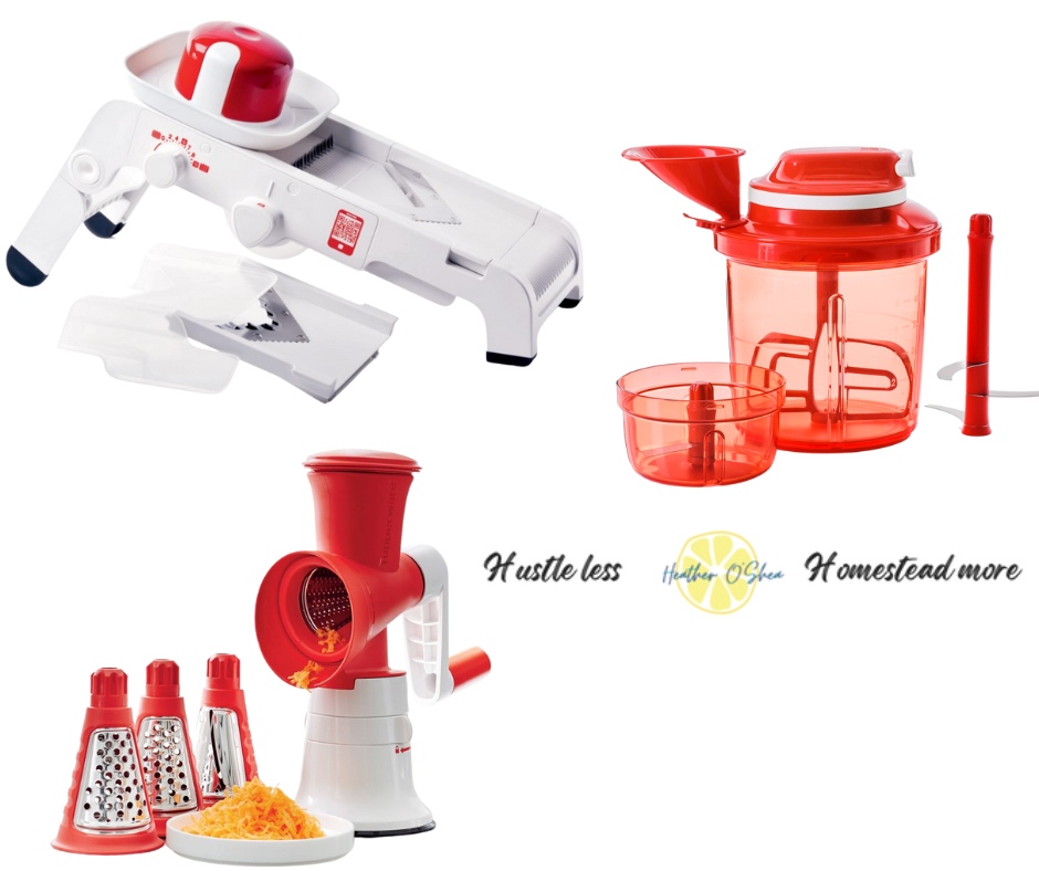 Images of the Tupperware Mandoline, SuperSonic Chopper System, and Master System Grate Master Shredder with the Cone Trio and a small dish of shredded cheese.