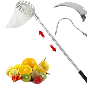 image of a telescoping pole with fruit picker on the end, two other accessories next to it (a hook and branch cutter) and some fruits in a pile.