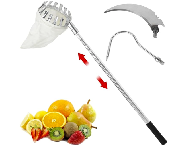 image of a telescoping pole with fruit picker on the end, two other accessories next to it (a hook and branch cutter) and some fruits in a pile.