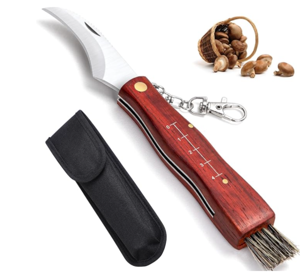 folding mushroom knife with carry case and cleaning brush