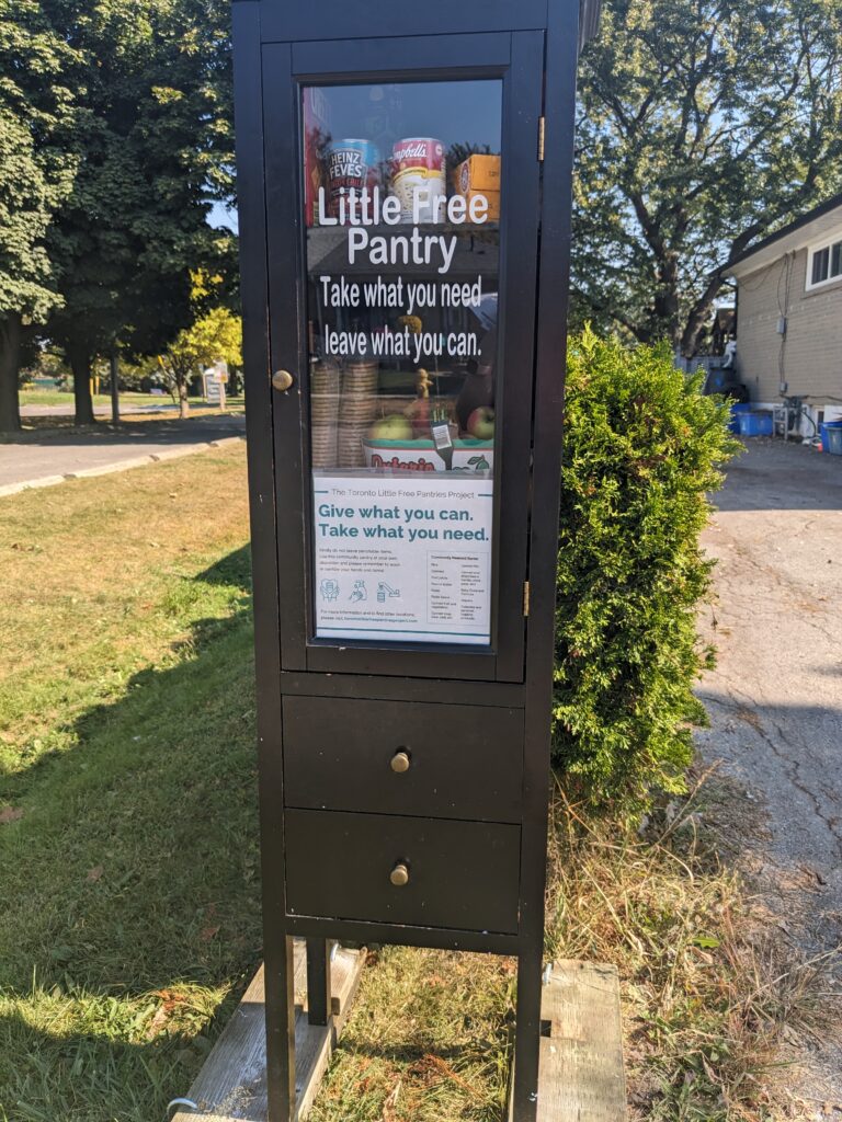 tall, narrow, brown cabinet with a sign on the window "Little Free Pantry. Take what you need, leave what you can." and some food inside the cabinet on the shelves including canned goods, crackers, and apples. The cabinet is sitting next to the entrance to a park on the left and a residential driveway on the right. Lots of maple trees in the background. 