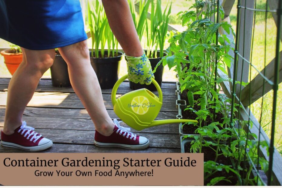 Container Gardening Start Guide - Grow your own food anywhere. Image of a wooden deck lined with potted tomato plants. A person wearing sneakers, a blue skirt, and some gardening gloves is watering them with a yellow watering can.