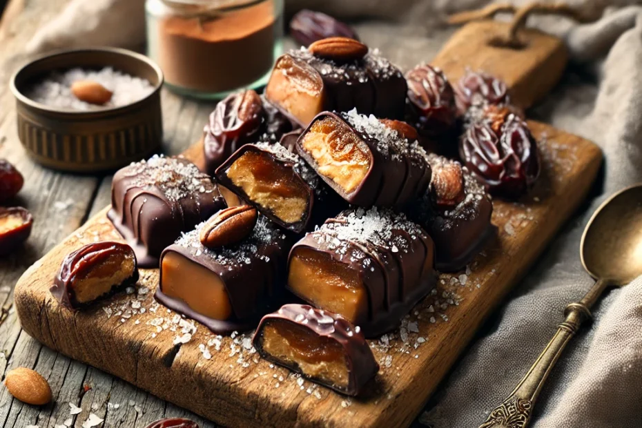 A-rustic-farmhouse-style-scene-featuring-homemade-chocolate-covered-date-and-peanut-butter-treats-resembling-Snickers-bars.