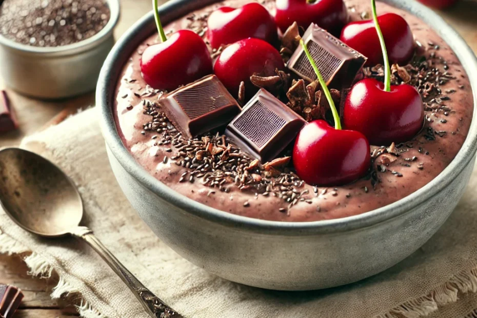 A bowl of chocolate chia pudding topped with chocolate pieces and cherries, sitting on top of a cloth on a wooden counter or tabletop.