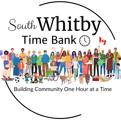 Logo for the South Whitby Time Bank. The words "South Whitby Time Bank" are centered, with a clock icon inside the letter "o" in "Time." Below, the tagline reads "Building Community One Hour at a Time." The image features a diverse group of illustrated people standing in a line—adults, children, seniors, and individuals with visible disabilities, some holding pets or musical instruments, and one holding a Canadian flag. A black curved line wraps around the top left and bottom right corners of the image, framing the group.